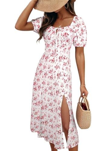 BLENCOT Womens Summer Casual Floral Dress Square Neck Puff Sleeve Boho Split Midi Long Dress P20120 Medium - Image 2