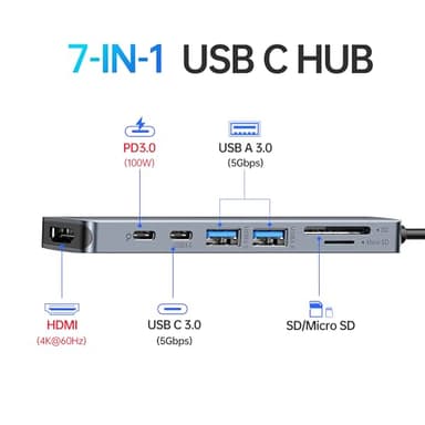 USB C Hub HDMI Adapter for MacBook Pro/Air, 7 in 1 USBC Dongle with HDMI, SD/TF Card Reader, USB C Data Port,100W PD, and 2 USB 3.0 Compatible for MacBook Pro/Air, Dell XPS, Lenovo Thinkpad. - Image 2
