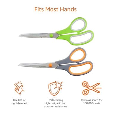 Amazon Basics Stainless Steel Scissors for Office, Crafts, Multipurpose, Sharp, Comfort Grip, PVD Coated, 2 Pack, Green and Grey - Image 4