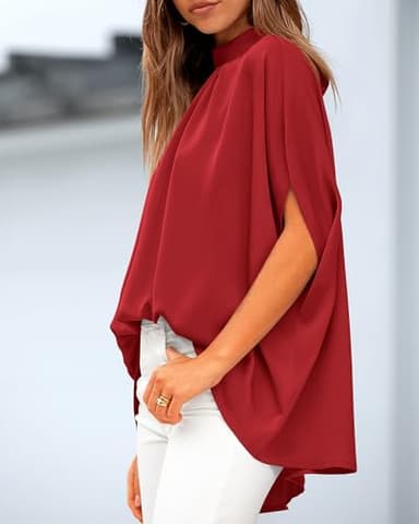 BTFBM Womens Summer Tops 2025 Fall Mock Neck Batwing Sleeve Shirts Loose High Low Hem Oversized Dressy Casual Blouses(Red, Medium) - Image 7