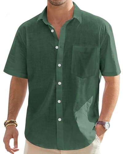 J.VER Men's Linen Short Sleeve Shirts Cotton Casual Lightweight Button Down Shirt Beach Vacation Summer Tops with Pocket Green XXL - Image 1