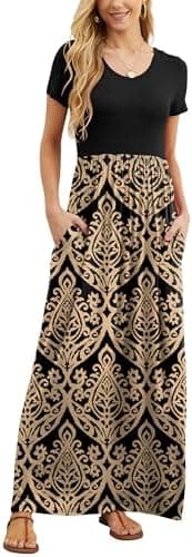GRECERELLE Women Summer Crew Neck Casual Short Sleeve Solid Floral Print Long Maxi Dress with Pockets - Image 2