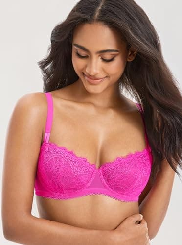 DOBREVA Women's Sexy Lace Push Up Plus Size Bra Sheer Balconette Underwire Unlined Bright Fuchsia 34E - Image 4