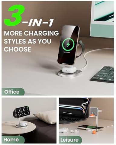 3-Point Power 3 in 1 Charging Station for Apple, KU XIU X85 Aluminum Alloy Magnetic Wireless Charger Stand with Mini Basketball & Hoop for iPhone 16/15/14/13/12, 5W for Apple Watch, AirPods, Gray - Image 2