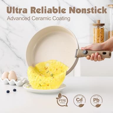 SENSARTE 17 Piece Ceramic Pots and Pans Set, Nonstick Detachable Handle Cookware, Induction Kitchen Cookware Set with Removable Handle, Dishwasher ＆ Oven Safe (Almond Beige) - Image 4