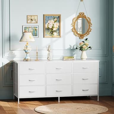 Huuger 9 Drawer Dresser, 47 Inch TV Stand for 50, 55 Inch TV, Entertainment Center with Drawers, Fabric Dresser Chest of Drawer for Bedroom, Closet, PU Leather Surface, White - Image 4