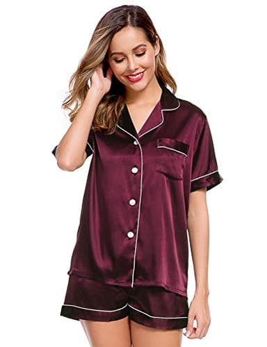 LecGee Womens Silk Satin Pajamas Short Sleeve Loungewear Two-Piece Sleepwear Button-Down Pj Set - Image 2