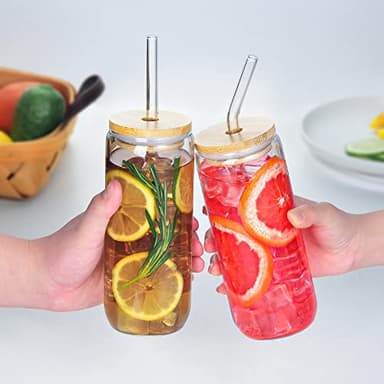 20 Oz Drinking Glasses with Bamboo Lids and Glass Straw - 6 Pcs Glass Cups Beer Ice Coffee Glasses Cute Aesthetic Cup Great for Coffee Bar Accessories Include 2 Cleaning Brushes - Image 4