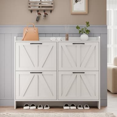 MU Shoe Storage Cabinet with 4 Flip Drawers, Freestanding Shoe Cabinet, Slim Shoe Organizer with Wood Legs for Entryway, White - Image 6