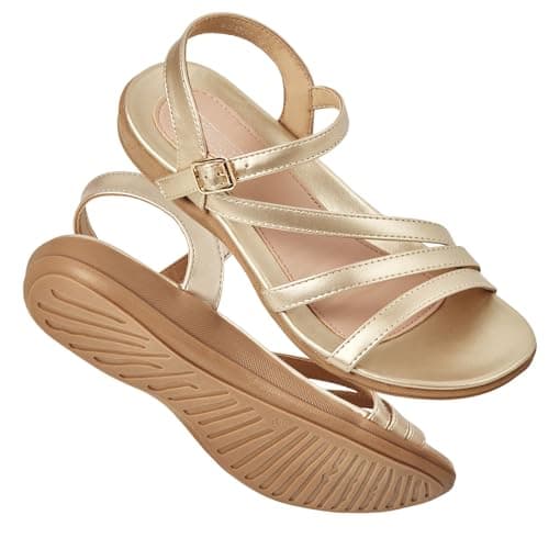 SERASTAR Flat Sandals for Women Dressy - Gold Cushioned Summer Sandals - Comfortable Walking Ankle Strap Womens Flats Sandal Size 8.5 - Image 1