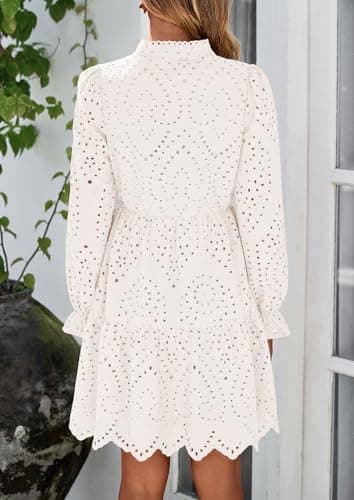 PRETTYGARDEN Women's Spring 2025 Long Puff Sleeve Mini Dress Hollow Out Lace V Neck A Line Ruffle Casual Party Dresses (White,Small) - Image 2