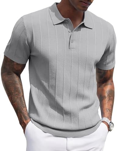 COOFANDY Polo Shirts for Men Casual Knit Polo Shirts Short Sleeve Ribbed Textured Golf Shirt Vintage V Neck Collared Shirts Striped Polos T-Shirts Light Gray - Image 1