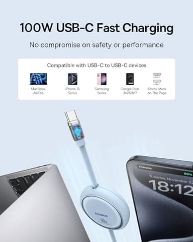 Baseus USB C to USB C Cable, 100W Retractable USB C 5A Fast Charging Cable, 4-Stage Length Preset USB Type C Charger Cord for iPhone 16 15 Pro Plus Pro Max, MacBook, iPad, Samsung S24/S23+ (3.3ft) - Image 2