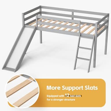 TOLEAD Low Loft Bed with Slide, Wood Twin Loft Bed Frame with Climbing Ladder & Storage Space for Kids Toddler (Grey) - Image 7