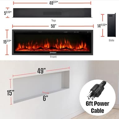 Westinghouse 50 Inch Electric Fireplace Heater, Compatible with Alexa & Google Home, Wall Mount or in-Wall Recessed Fireplace Insert, 24 Hour Timer, Color Changing Flames, 750W/1500W Indoor Heater - Image 4