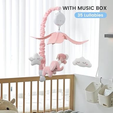 FEISIKE Crib Mobile for Girls Baby Mobiles with 3 Modes Digital Music Box（Turn Only, Music Only, Turn & Music, 35 Lullabies, Pink Elephant Nursery Mobile, Clamp Type, Pretty Box Packaging - Image 2