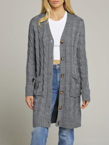 MEROKEETY Women's 2025 Long Sleeve Cardigan Sweater Fall Winter Cable Knit Open Front Button Long Outerwear, Charcoal, L - Image 7