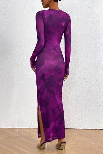 PRETTYGARDEN Women's Bodycon Maxi Dress Fall Spring Fashion Long Sleeve Floral Print Tight Fitted Party Club Ruched Dresses - Image 4