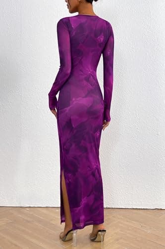 PRETTYGARDEN Women's Bodycon Maxi Dress Fall Spring Fashion Long Sleeve Floral Print Tight Fitted Party Club Ruched Dresses (Print Purple,Small) - Image 2