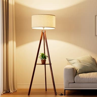 LEPOWER Tripod Floor Lamp, Mid Century Wood Standing Lamp, Modern Design Shelf Floor Lamp for Living Room, Bedroom, Office, Flaxen Linen Shade with E26 Base Brown - Image 9