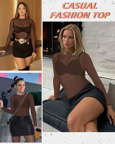 Women's Metallic Tops Long Sleeve See Through Blouse Casual Loose Sheer T Shirts for Party(Brown,L) - Image 3