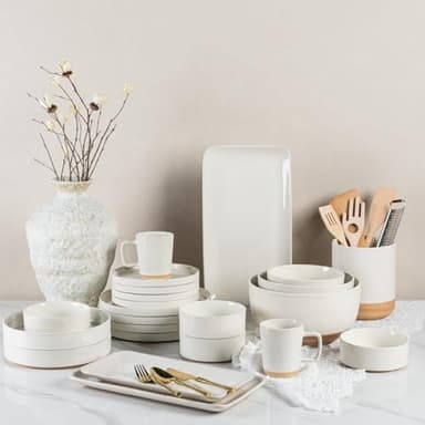 AmorArc Ceramic Dinnerware Set for 4 | Speckled Stoneware Plates and Bowls with unglazed terracotta | Scratch Resistant, Dishwasher & Microwave Safe Dishes Sets- 12-Pcs Beige - Image 7
