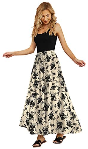 Yincro Women's Flowy Maxi Skirt Summer Pleated High Waisted Casual Long Skirts with Pockets (Black Flower Light Beige, XL) - Image 2