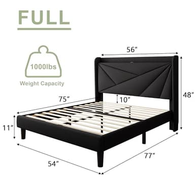 Feonase Full Size Bed Frame with Charging Station, Linen Upholstered Platform Bed Frame with Wingback Storage Headboard, Solid Wood Slats Support, No Box Spring Needed, Noise Free, Black - Image 2