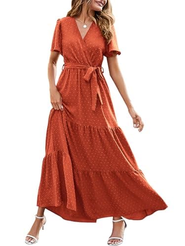 MASCOMODA Women Boho Swiss Dot Maxi Dresses Wrap V Neck Flutter Short Sleeve Solid Tie Waist A Line Tiered Flowy Long Dress(Burnt Orange,X-Large) - Image 1