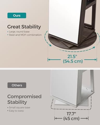 SONGMICS 6 LEDs Lockable Mirror Jewelry Cabinet, 360° Swivel Jewelry Organizer Armoire Standing, Frameless Full-Length Mirror, 3 Storage Shelves, Ash Brown Surface, Black Lining UJJC007K02 - Image 5