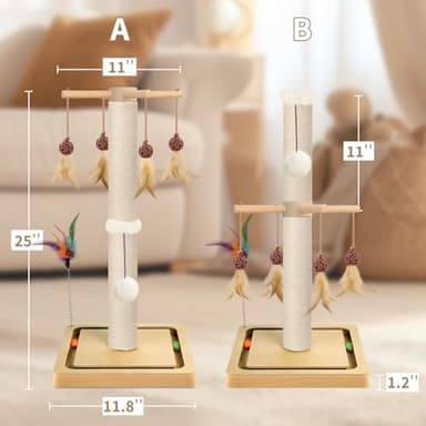 Cat Scratching Post, Sisal, Scratcher Tree Tower for Indoor Cats Adults with Hanging and Ball Track, 2 Mounting Methods Interactive Furniture Toys for Kitten, 25 Inches - Image 3