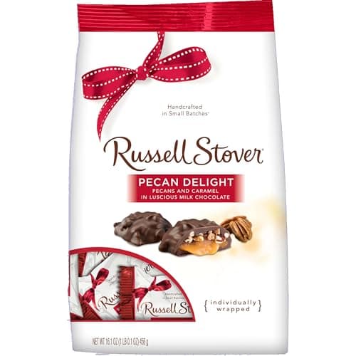 Russell Stover Pecan Delight Gusset Bag 16.10 Ounce Russel Stover Milk Chocolate Covered Candy Pack, Crunchy Pecans and Buttery Caramel Covered In Sweet Milk Chocolate Candy, Individually Wrapped - Image 1
