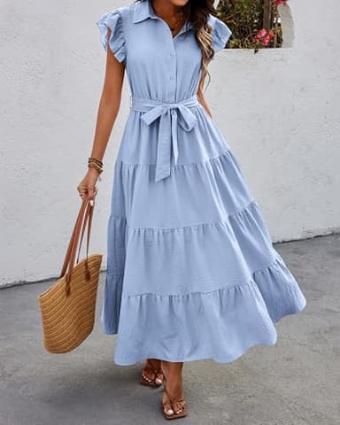 dowerme Ladies Dress 2025 Ruffle Cap Sleeve Button Down V Neck Tie Waist Plain Pleated Tiered Boho Flowy A-Line Dresses(Sky Blue,Medium) - Image 2