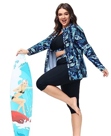 Hanna Nikole Women's Plus Size 3 Piece Rash Guard Swimsuits Long Sleeve Swimwear for Surfing Blue Leaf 24W - Image 8