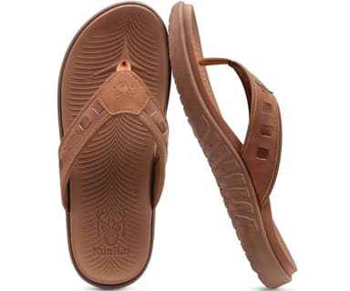 KuaiLu Mens Leather Sport Flip Flops Comfort Orthotic Thong Sandals with Plantar Fasciitis Arch Support for Outdoor Summer - Image 2