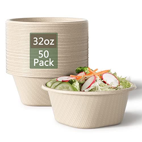 Homestockplus 32 Oz Deep Paper Bowls Disposable Bowl - Disposable Heavy Duty Compostable Bowls, Eco-friendly Sugarcane Bagasse Biodegradable Bowl for Soup, Salad, Dessert, Ice Cream [50 Pack] - Image 1