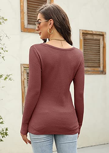Women's V Neck Waffle Knit Henley Tops Casual Long Sleeve Pullover Sweater Blouses (Rose Red, Medium) - Image 4