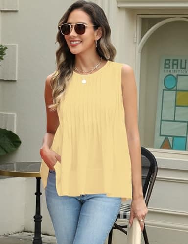 Megfie Womens Summer Pleated Peplum Sleeveless Blouse Tank Tops Round Neck Y2K Babydoll Blouse Shirt(0869-Yellow-S) - Image 4