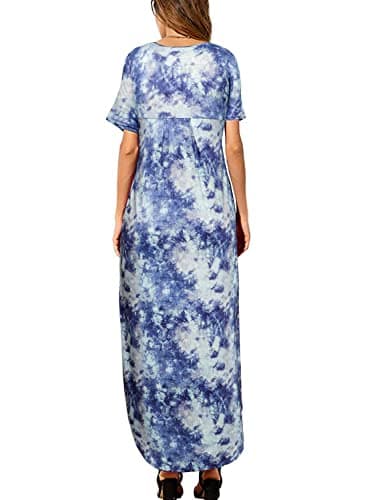 HUSKARY Women's Summer Maxi Dress Casual Loose Pockets Long Dress Short Sleeve Split - Image 4