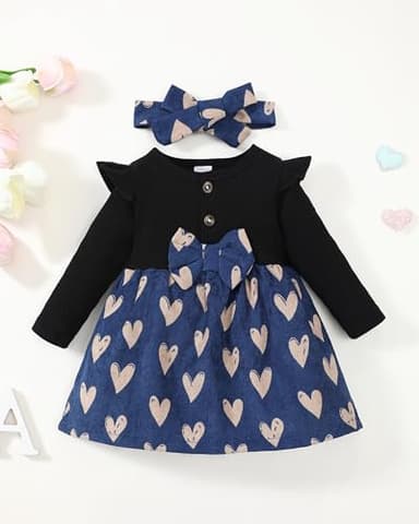 Baby Girl Clothes 6-9 Months 9-12 Month Girl Clothes Infant Girls Winter Dress Fall Spring Ribbed Ruffle Long Sleeve Blue Heart Dresses for Girls - Image 2