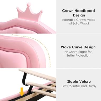 Keyluv Twin Upholstered LED Bed Frame with Storage Drawer, Leather Princess Platform Bed with Adjustable Crystal Button Tufted Crown Headboard, Solid Wooden Slats Support, No Box Spring Needed, Pink - Image 7