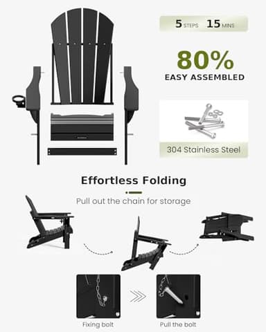 MUCHENGHY Folding Adirondack Chairs Patio Chairs Outdoor Adirondack Chair Weather Resistant Chair for Patio, Outside, Deck, Backyard, Fire Pit Chair, Campfire Chairs (Black) - Image 4
