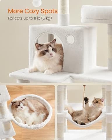 Feandrea Cat Tree, 66.1-Inch Large Cat Tower, Multi-Level Plush Condo with 13 Scratching Posts, 2 Perches, 2 Caves, Basket, Hammock, Pompoms, Cream White UPCT165T01 - Image 4