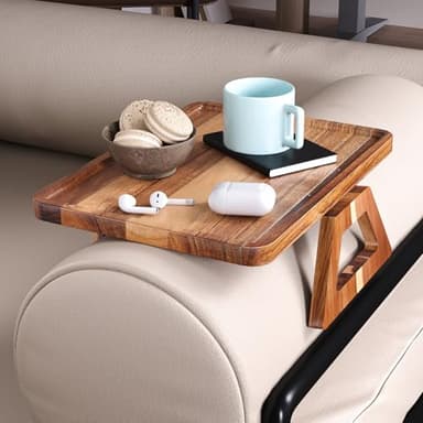 Danfoxer Acacia Wood Couch Arm Tray,Folding Sofa Armrest Tray,Couch Arm Table Clip-On Couch Desk for Drinks, Snacks,Phone,Remote Control - Image 3