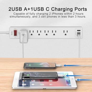 10 Ft Power Strip Surge Protector - Yintar Extension Cord with 6 AC Outlets and 3 USB Ports for Home, Office, Dorm Essentials, 1680 Joules, ETL Listed, White - Image 3