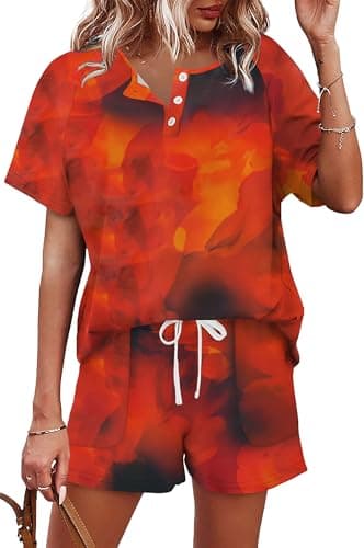 WIHOLL 2 Piece Sets For Women Summer Lounge Wear Matching Pajamas Set Graphic Tees And Shorts Track Suits Spring Break Clothes Tie Dye Red M - Image 1