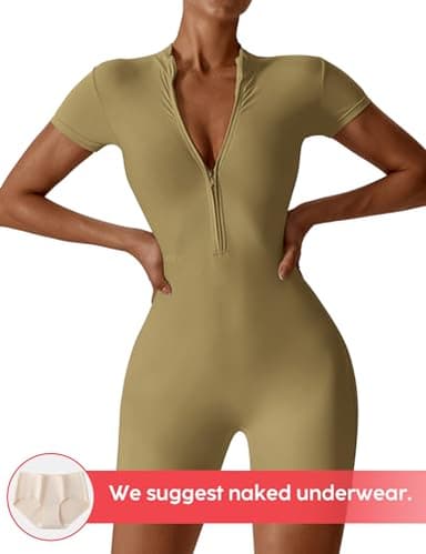 YEOREO Women Short Sleeve Workout Jumpsuit Zip Up Romper Bottom Shorts Bodysuit Bodycon Sexy One Piece Green XL - Image 2