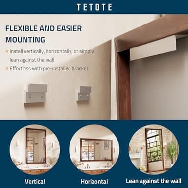 TETOTE 72 x 36 Walnut Wood Mirror for Bathroom Wall/Bedroom/Living Room/Entryway Farmhouse Rustic Bathroom Vanity Mirror Waterproof (Horizontal/Vertical Mounted - Image 7