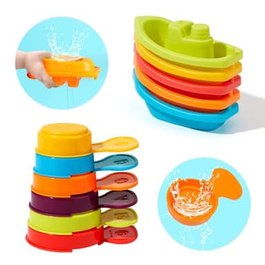 Bath Toys, 11PCS | Mold Free Baby Bath Toys for Toddlers with Bath Boats | Countable Spoons with Number | Easy-Grip, Floating and Drain Water | Color Recognition & Stacking Skill | Baby Water Pool Toy - Image 1
