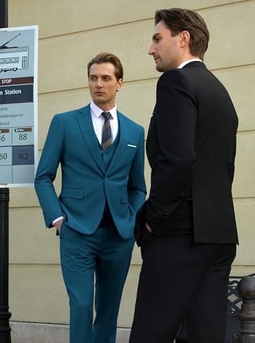 WULFUL Men’s Slim Fit Suit One Button 3-Piece Blazer Dress Business Wedding Party Jacket Vest & Pant Teal Blue - Image 3